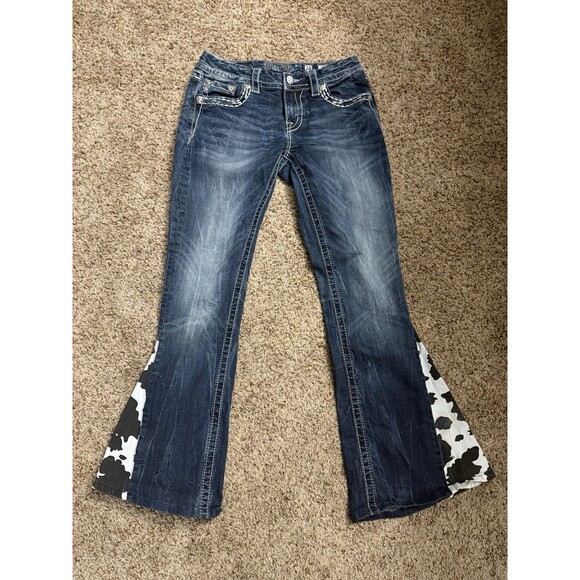 MISS ME Jeans Sunny Boot 28x33 Cow Print Distressed Denim Med Wash Flare Y2K - Picture 10 of 16